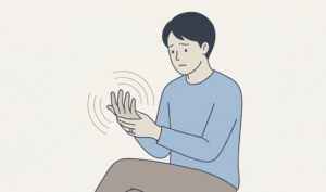 手のしびれを感じて自分の手を見つめている人のイラスト